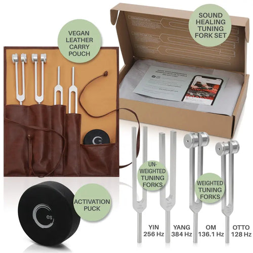 Resonance Sound Healing Tuning Fork Set – 128Hz, 136.1Hz, 256Hz, 384Hz with Activator