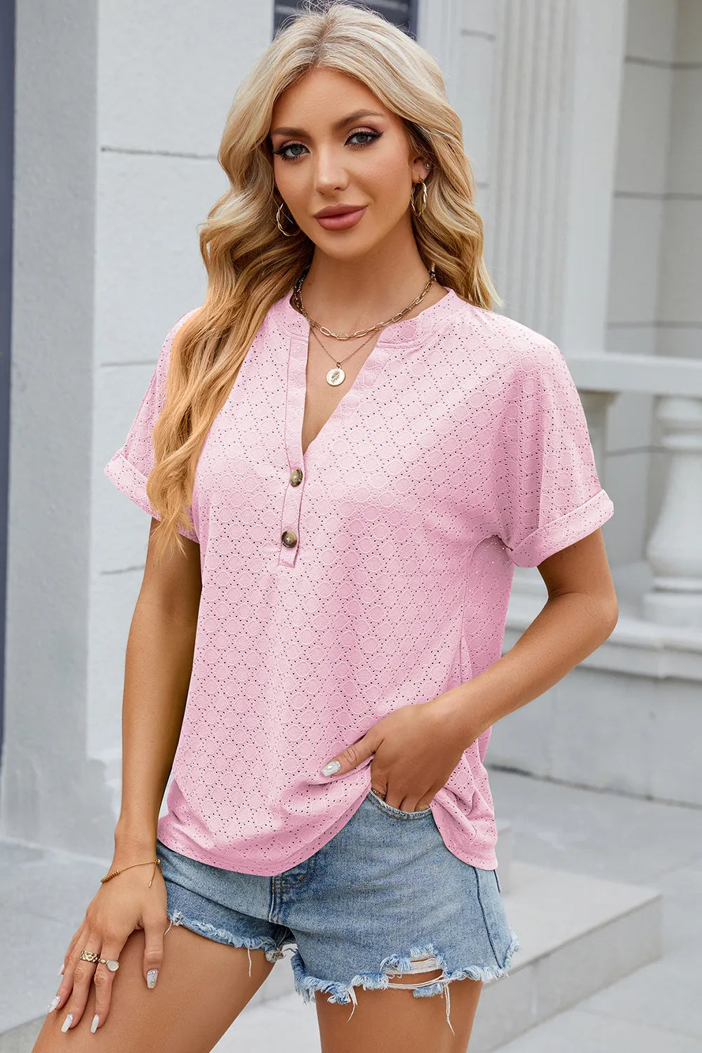 New solid color V-neck button loose short sleeved T-shirt top for women