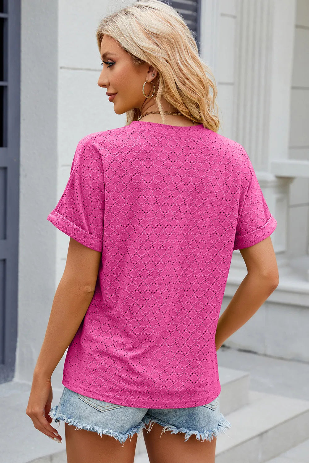 New solid color V-neck button loose short sleeved T-shirt top for women