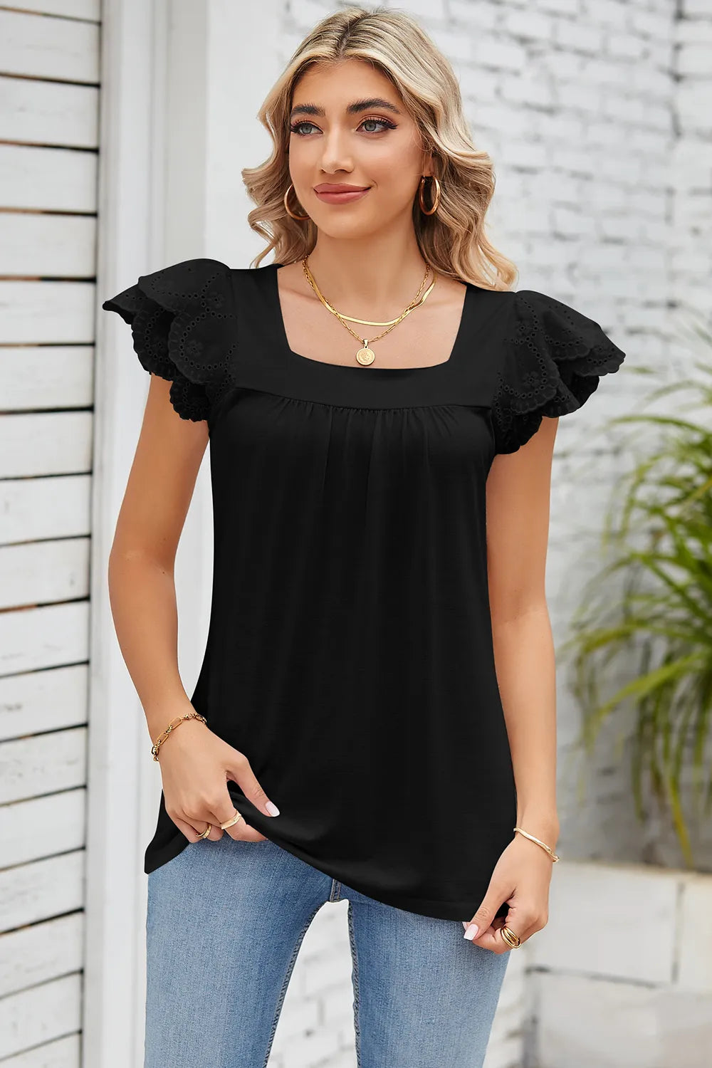 Solid color lace patchwork square collar petal short sleeved T-shirt top for women