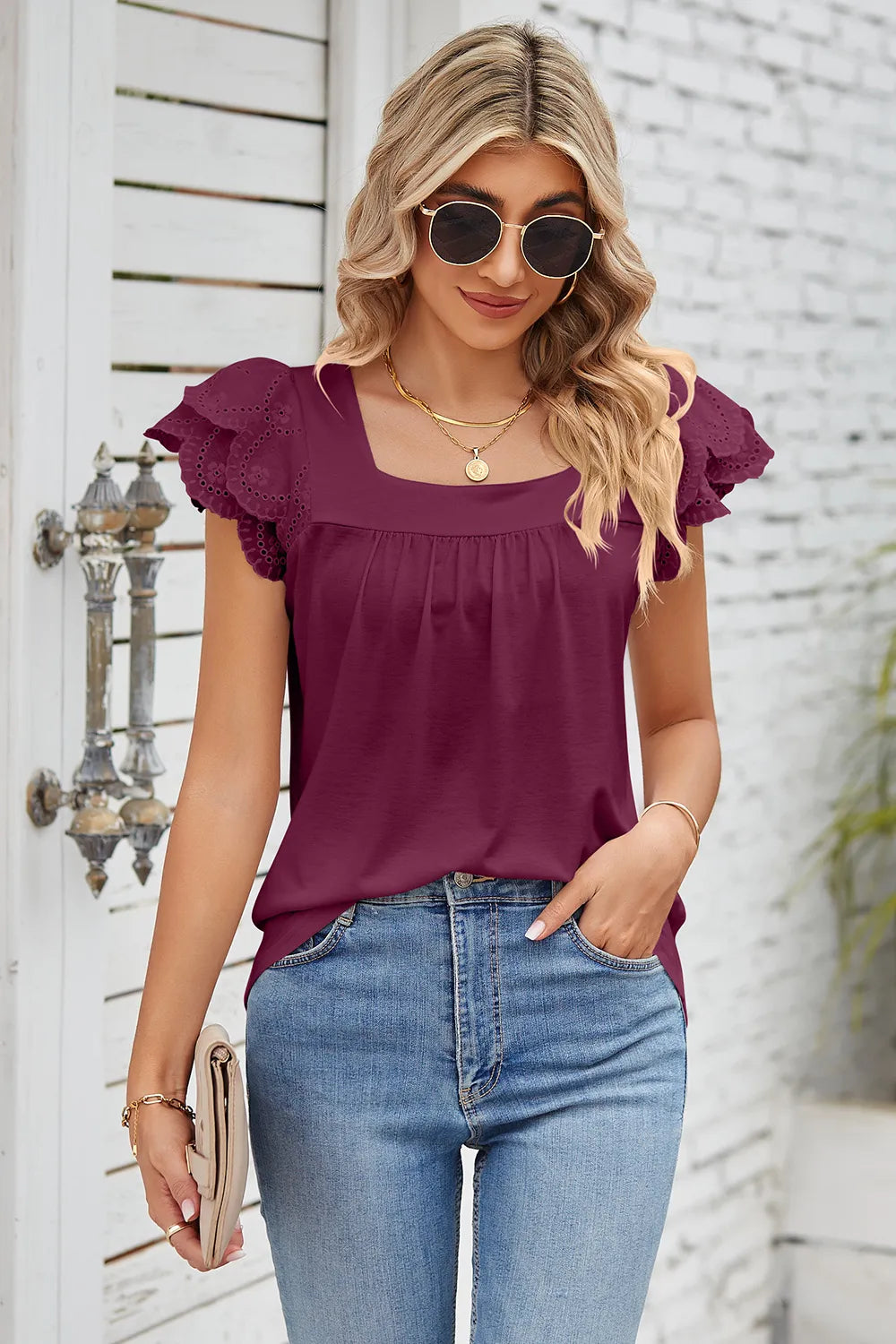 Solid color lace patchwork square collar petal short sleeved T-shirt top for women