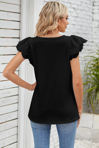 Solid color lace patchwork square collar petal short sleeved T-shirt top for women
