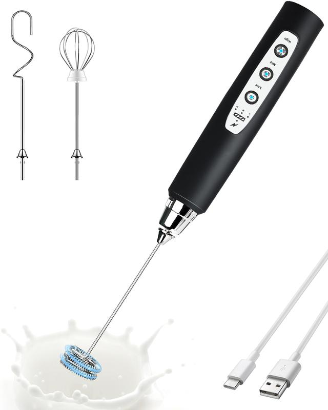 ☕Powerful Milk Frother WandRechargeable Electric Whisk with 3 Heads