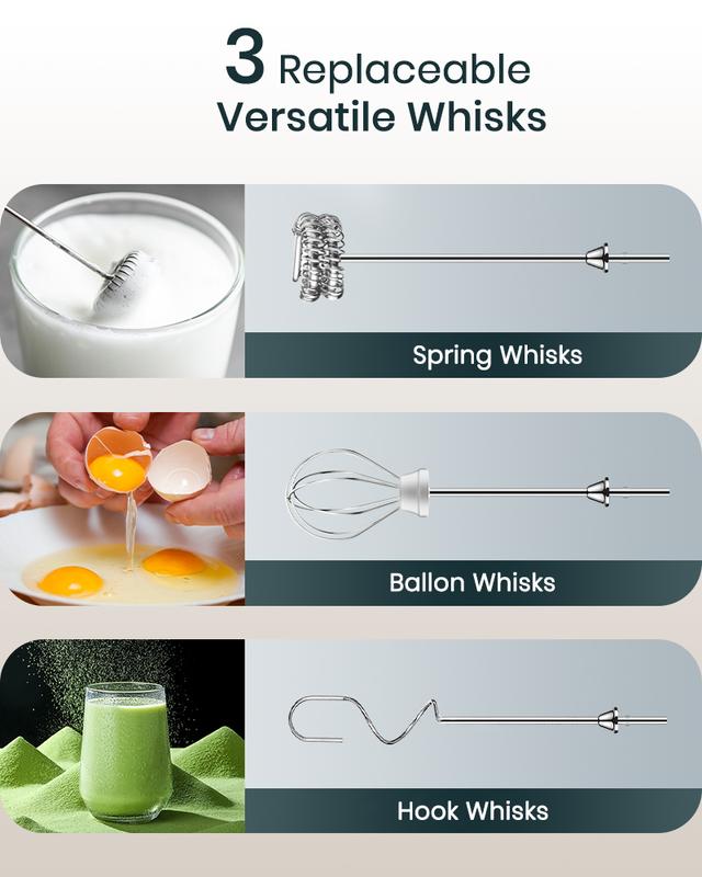 ☕Powerful Milk Frother WandRechargeable Electric Whisk with 3 Heads
