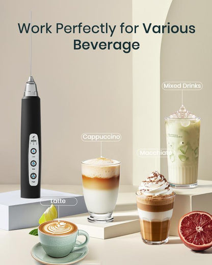 ☕Powerful Milk Frother WandRechargeable Electric Whisk with 3 Heads