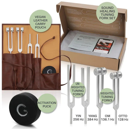 Resonance Sound Healing Tuning Fork Set – 128Hz, 136.1Hz, 256Hz, 384Hz with Activator