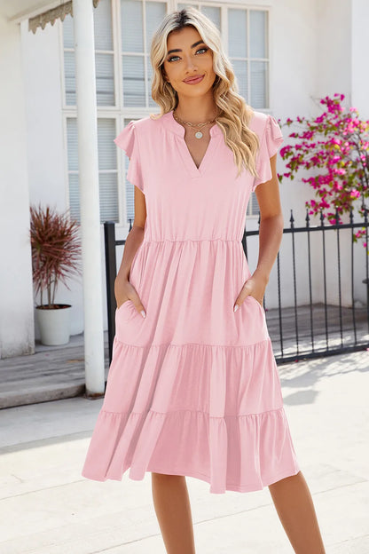New solid color V-neck loose short sleeved waist patchwork dress