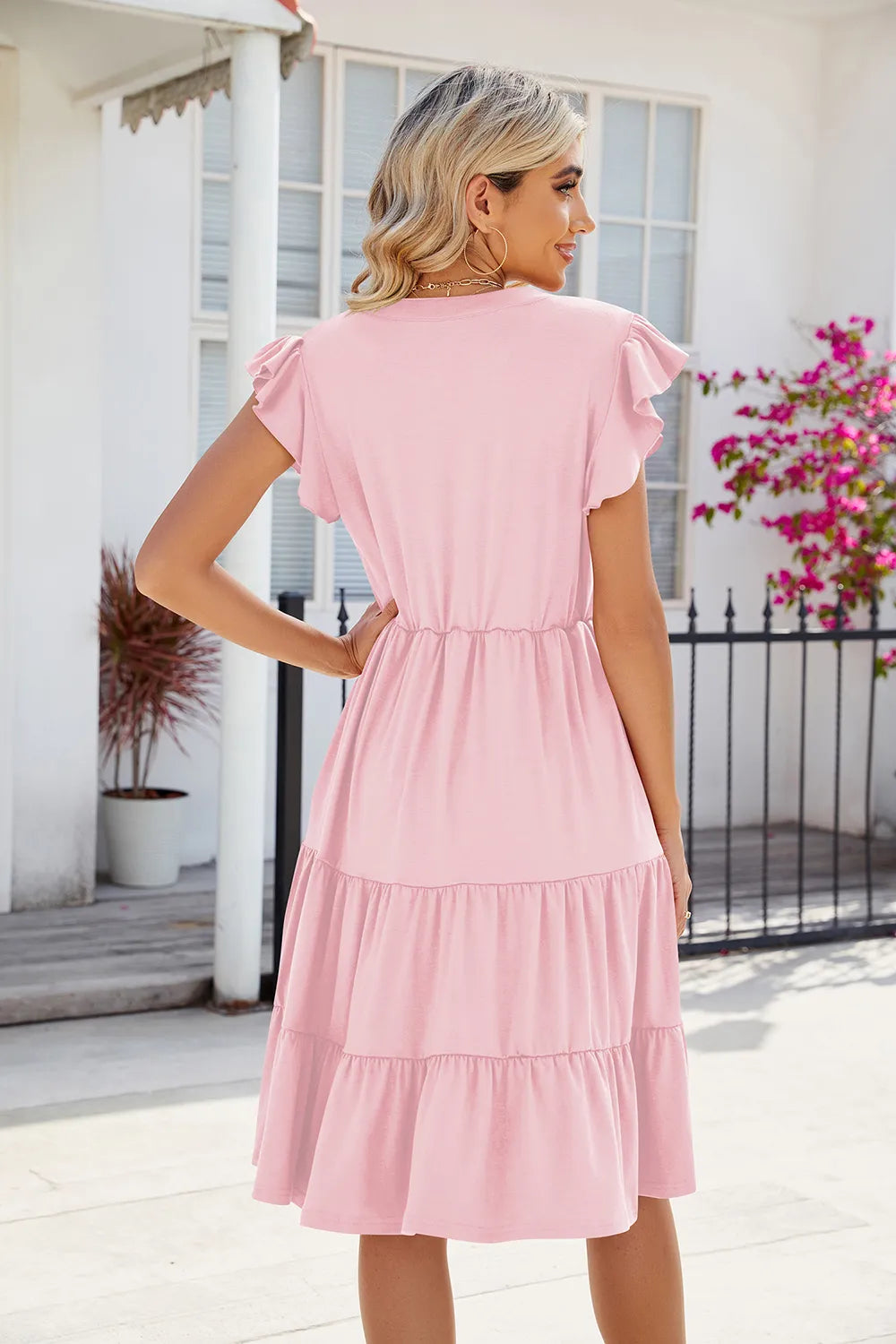 New solid color V-neck loose short sleeved waist patchwork dress