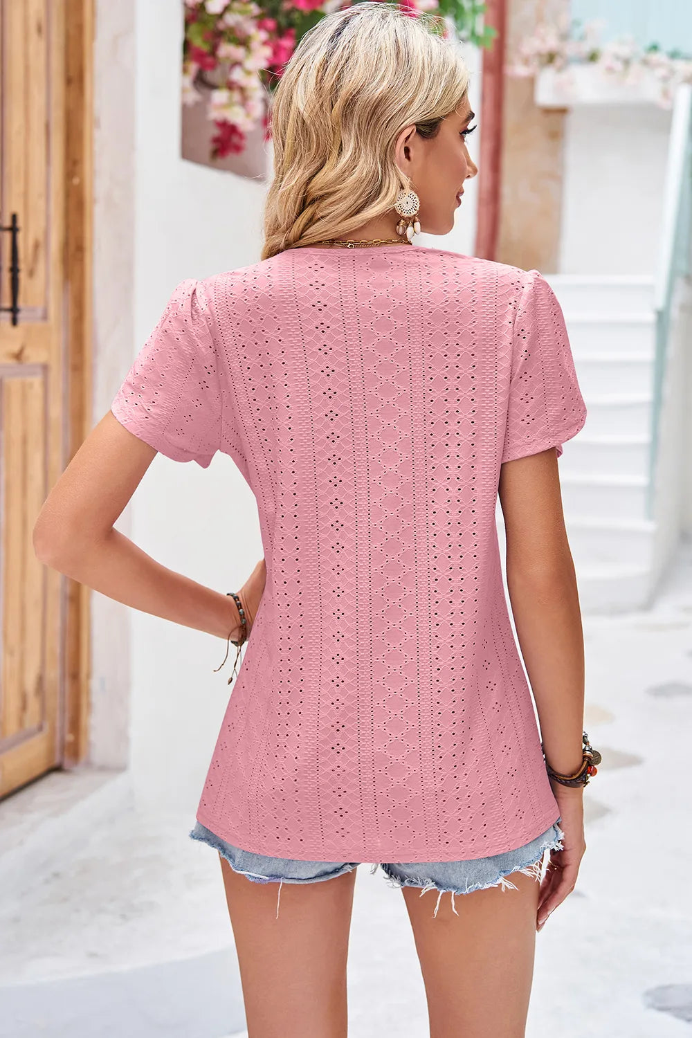 Summer solid color V-neck lace patchwork petal short sleeved loose T-shirt top