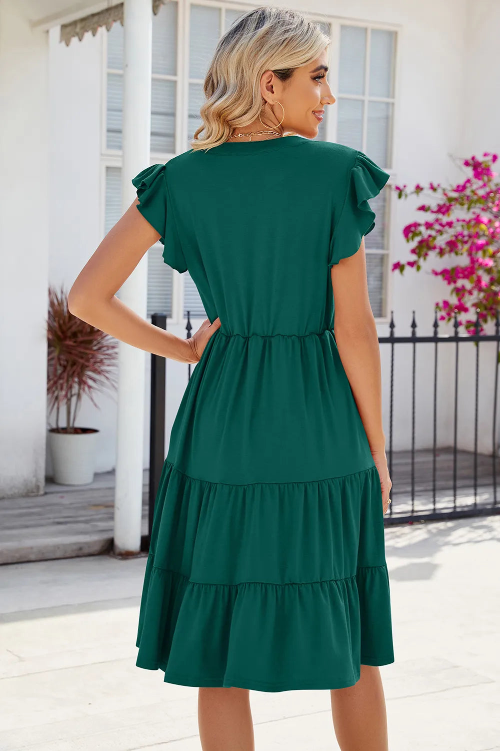 New solid color V-neck loose short sleeved waist patchwork dress