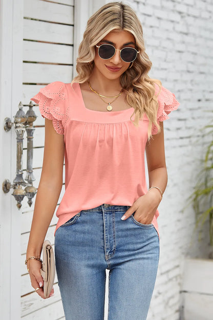 Solid color lace patchwork square collar petal short sleeved T-shirt top for women