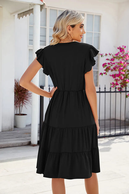New solid color V-neck loose short sleeved waist patchwork dress