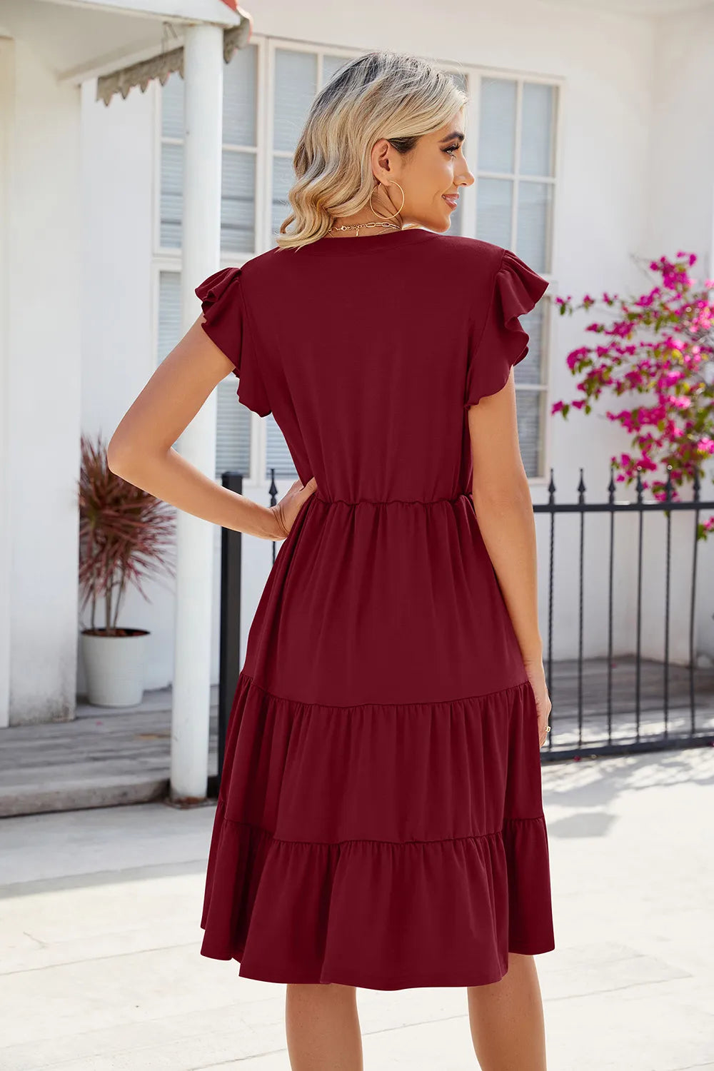 New solid color V-neck loose short sleeved waist patchwork dress