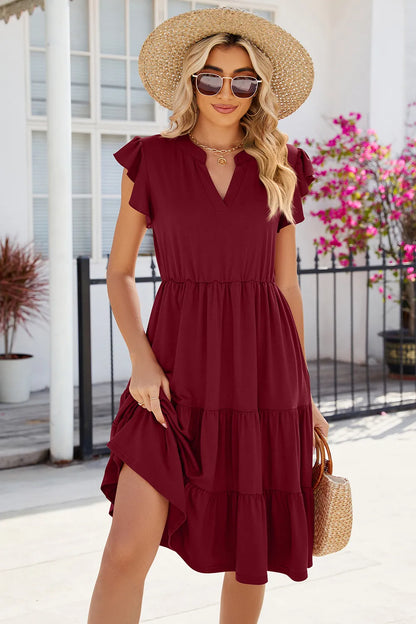 New solid color V-neck loose short sleeved waist patchwork dress