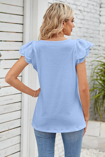 Solid color lace patchwork square collar petal short sleeved T-shirt top for women