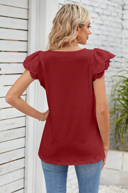 Solid color lace patchwork square collar petal short sleeved T-shirt top for women