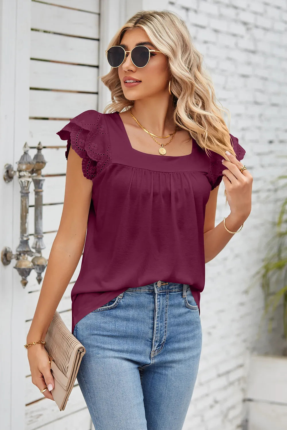 Solid color lace patchwork square collar petal short sleeved T-shirt top for women