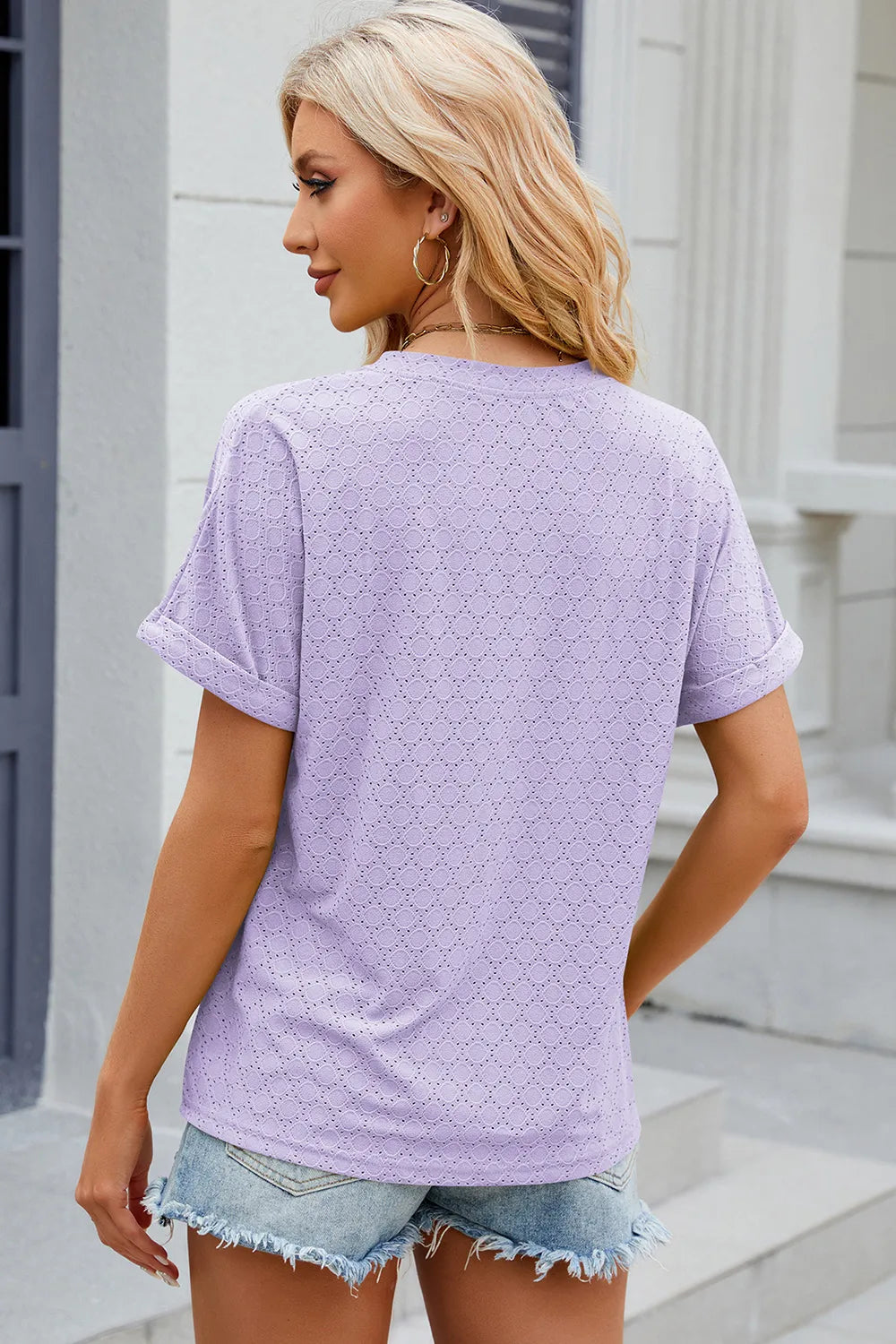 New solid color V-neck button loose short sleeved T-shirt top for women