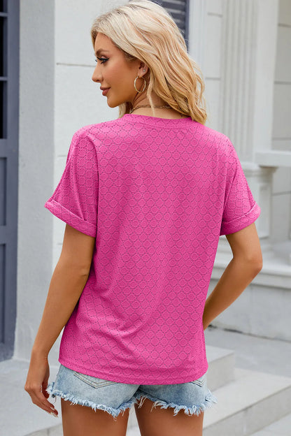 New solid color V-neck button loose short sleeved T-shirt top for women