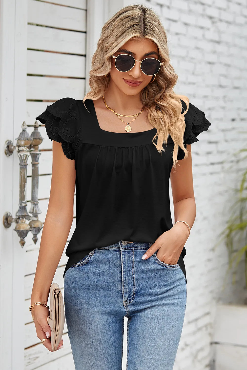 Solid color lace patchwork square collar petal short sleeved T-shirt top for women