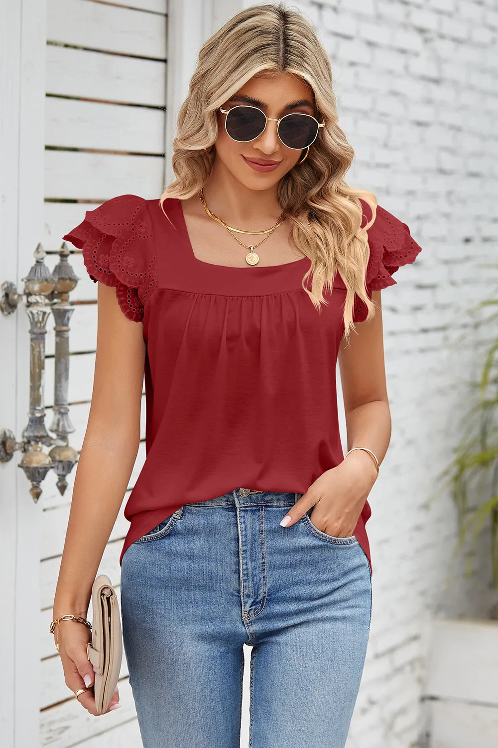 Solid color lace patchwork square collar petal short sleeved T-shirt top for women