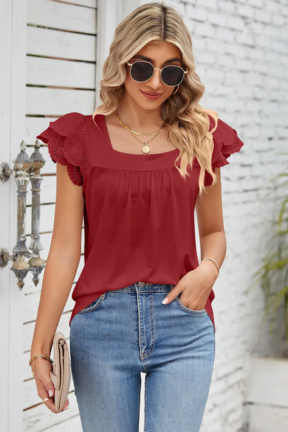 Solid color lace patchwork square collar petal short sleeved T-shirt top for women