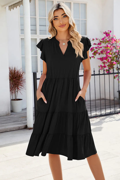 New solid color V-neck loose short sleeved waist patchwork dress