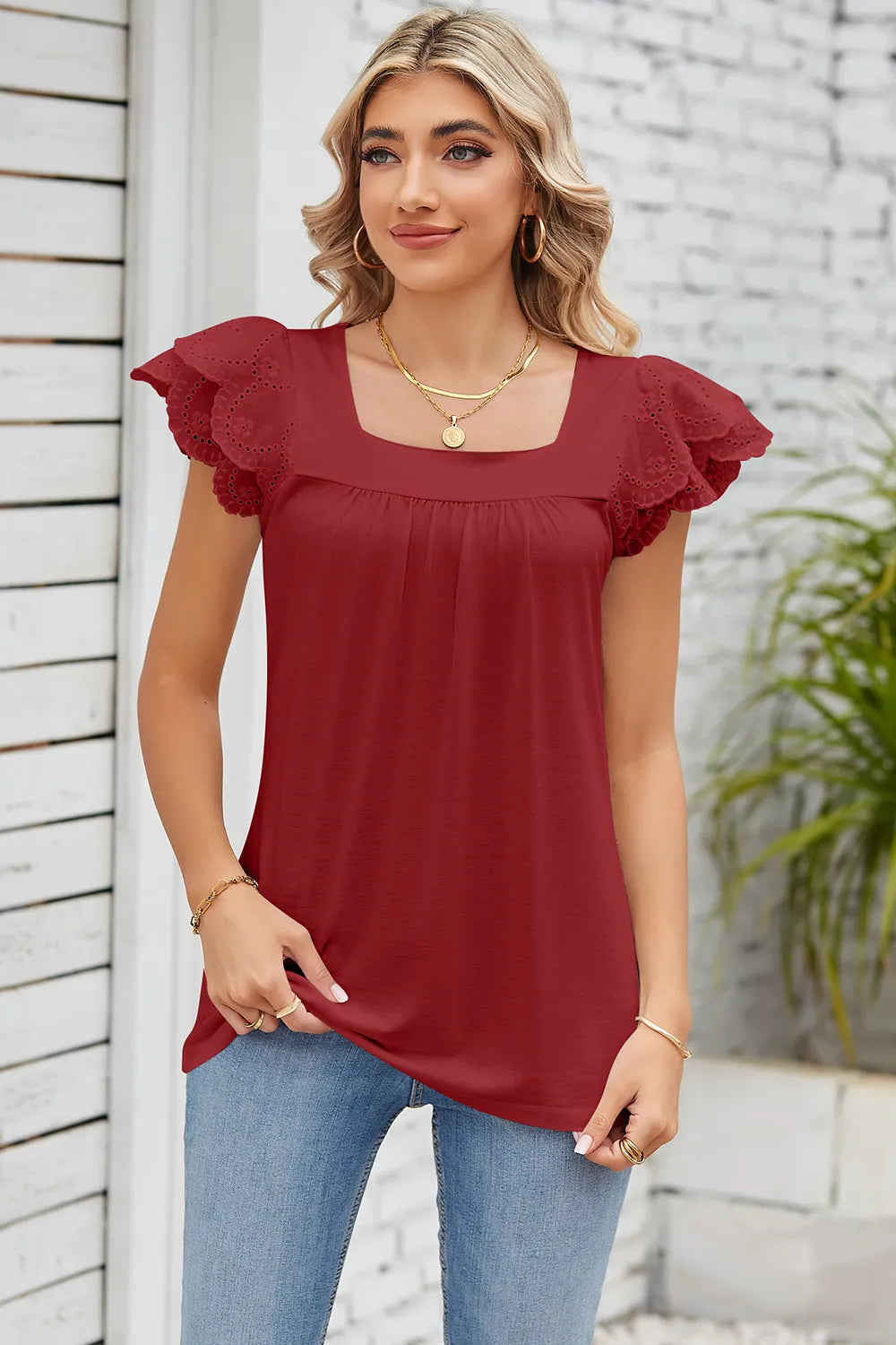 Solid color lace patchwork square collar petal short sleeved T-shirt top for women