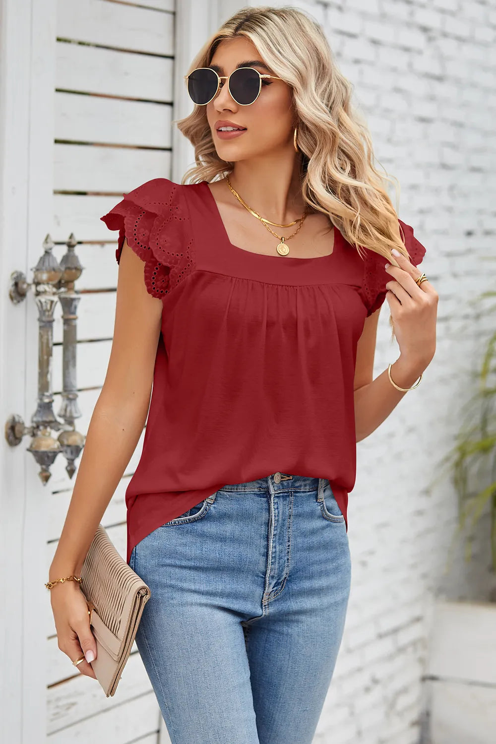 Solid color lace patchwork square collar petal short sleeved T-shirt top for women