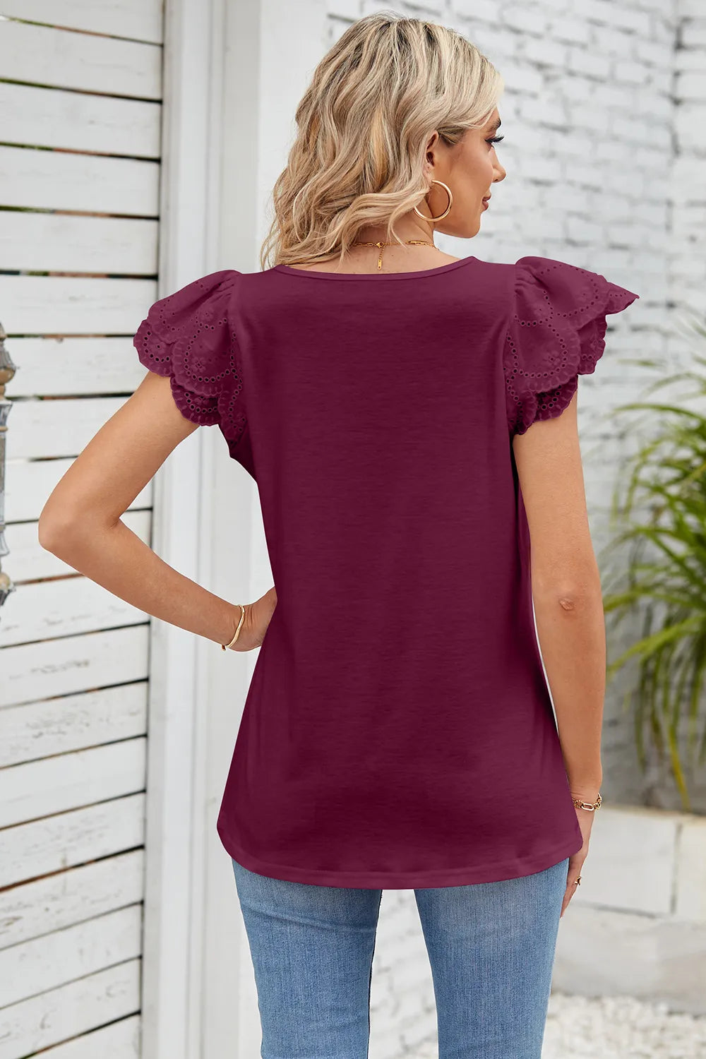 Solid color lace patchwork square collar petal short sleeved T-shirt top for women