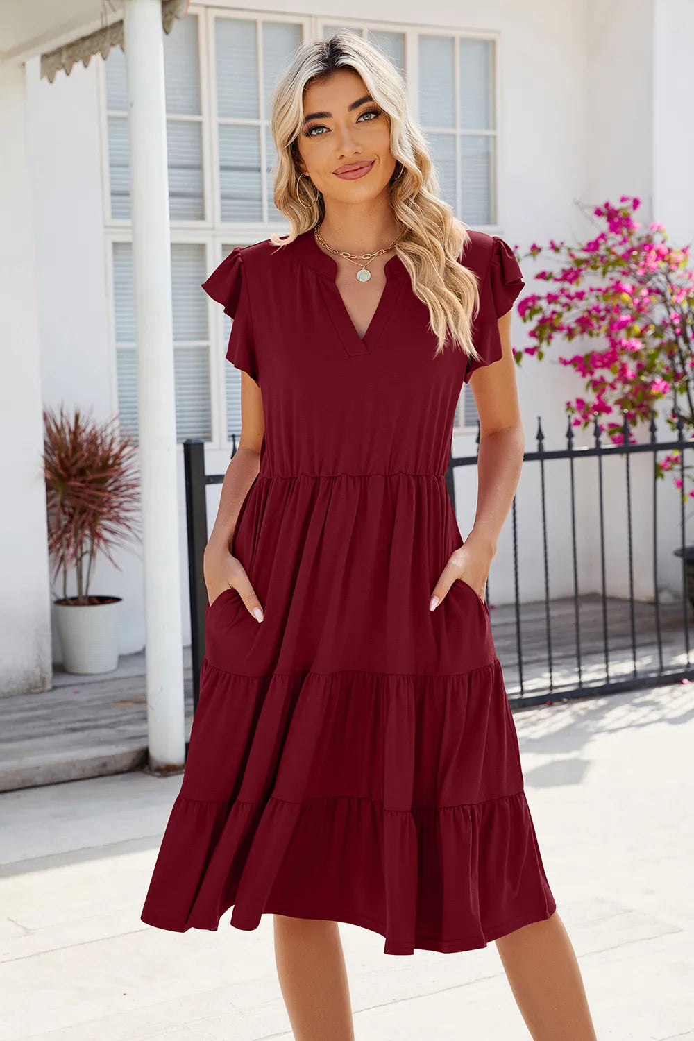 New solid color V-neck loose short sleeved waist patchwork dress