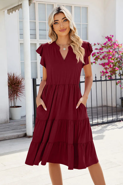 New solid color V-neck loose short sleeved waist patchwork dress
