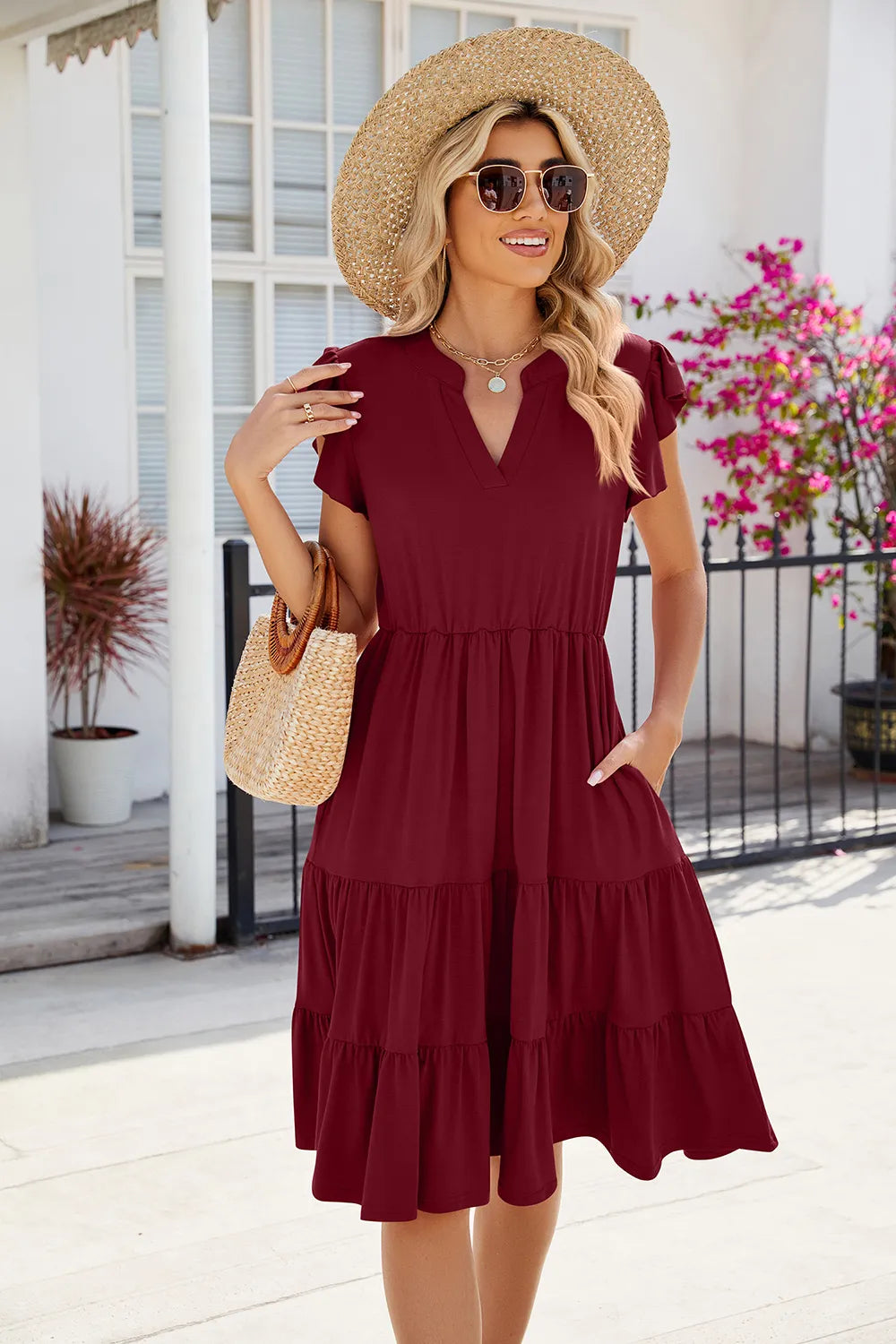 New solid color V-neck loose short sleeved waist patchwork dress