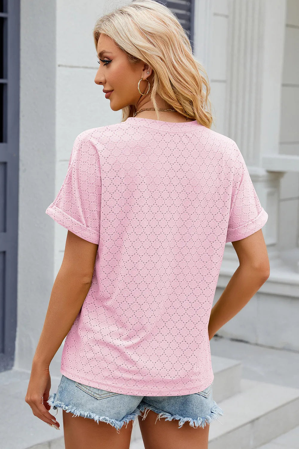 New solid color V-neck button loose short sleeved T-shirt top for women