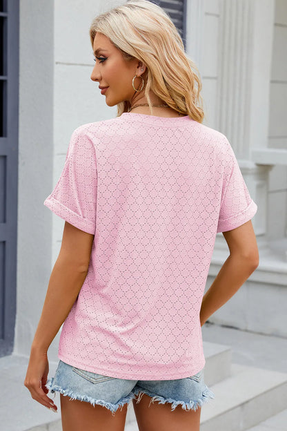 New solid color V-neck button loose short sleeved T-shirt top for women